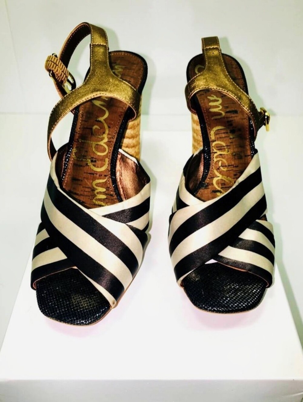 Sam Edelman Black White Leather Mabel Ankle Strap Platform Sandals Size 8 1/2
